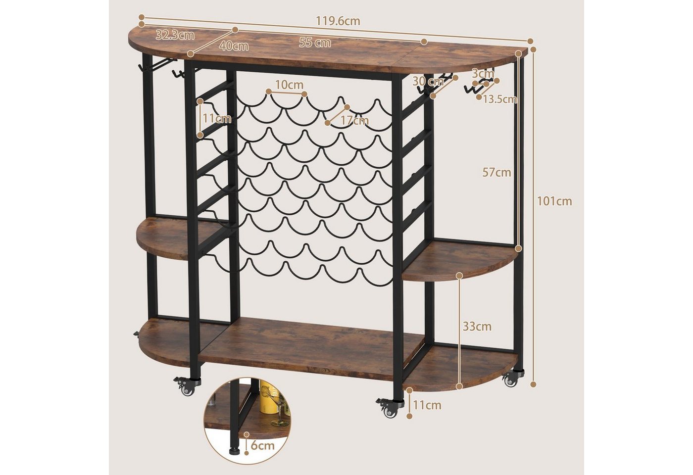 Dripex Weinregal Weinschrank auf Rollen für 25 Flaschen mit Glashalter und Tischplatte Bild 2