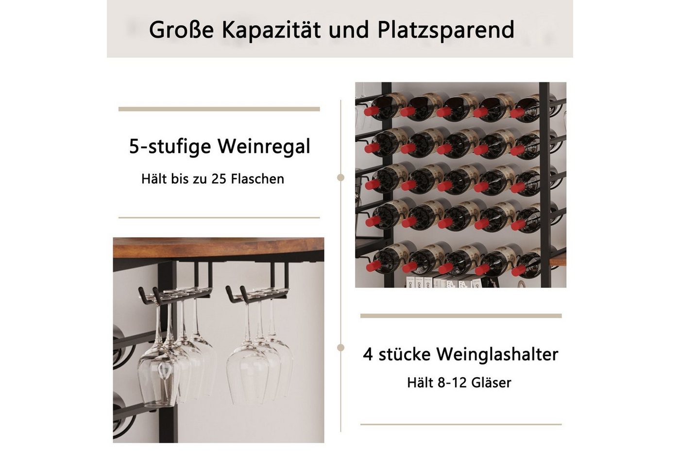Dripex Weinregal Weinschrank auf Rollen für 25 Flaschen mit Glashalter und Tischplatte Bild 3