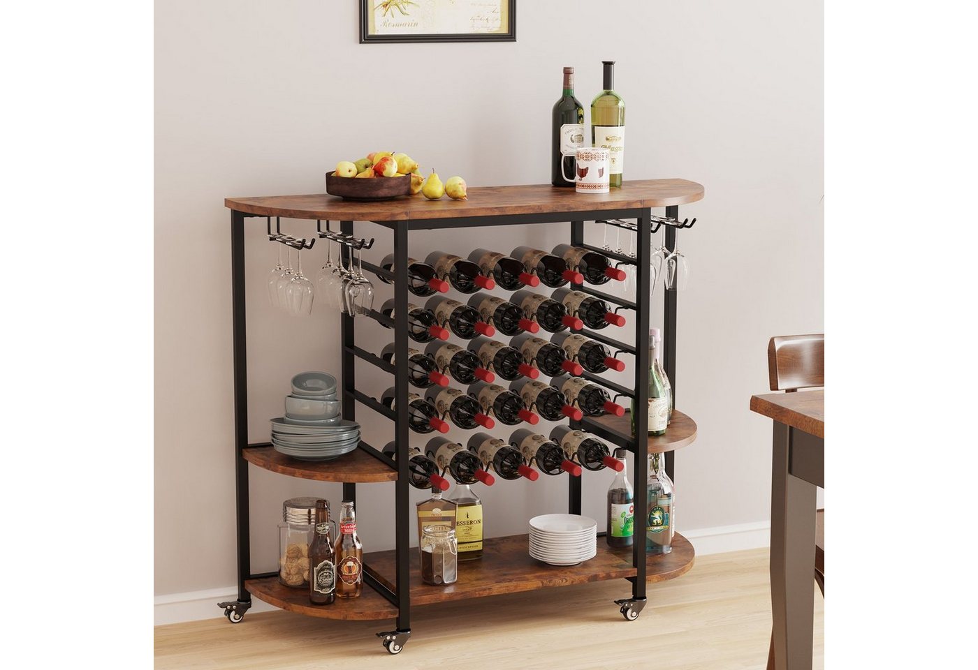 Dripex Weinregal Weinschrank auf Rollen für 25 Flaschen mit Glashalter und Tischplatte Bild 4