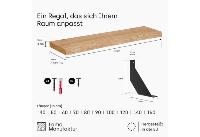 LAMO Manufaktur Wandregal Holz Baumkante Regal Farbe: Rustikal mit schwarzem Vintage 40 cm, Komplett-Set, 40mm stake Massivholzplatte
