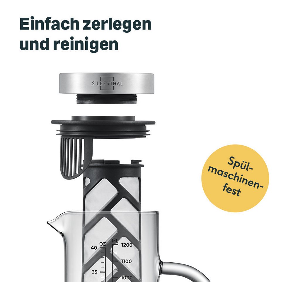 SILBERTHAL Cold Brew Zubereiter, 1.2l Kaffeekanne, mit feinem Siebfilter, Hitzebeständige Glaskaraffe Bild 3