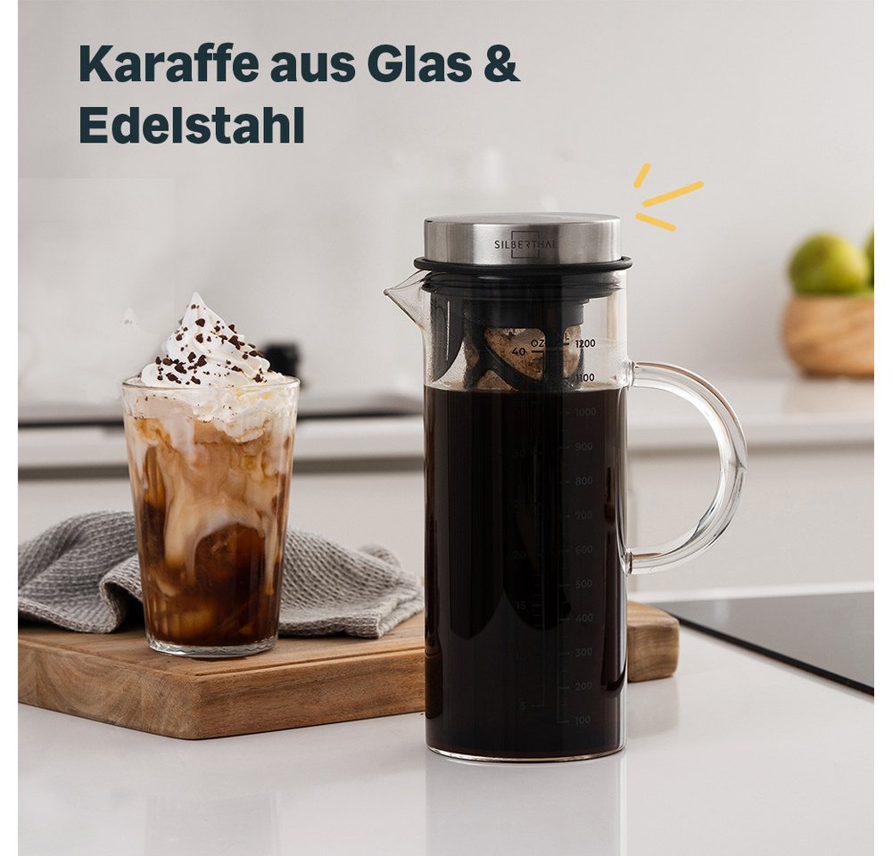 SILBERTHAL Cold Brew Zubereiter, 1.2l Kaffeekanne, mit feinem Siebfilter, Hitzebeständige Glaskaraffe Bild 5