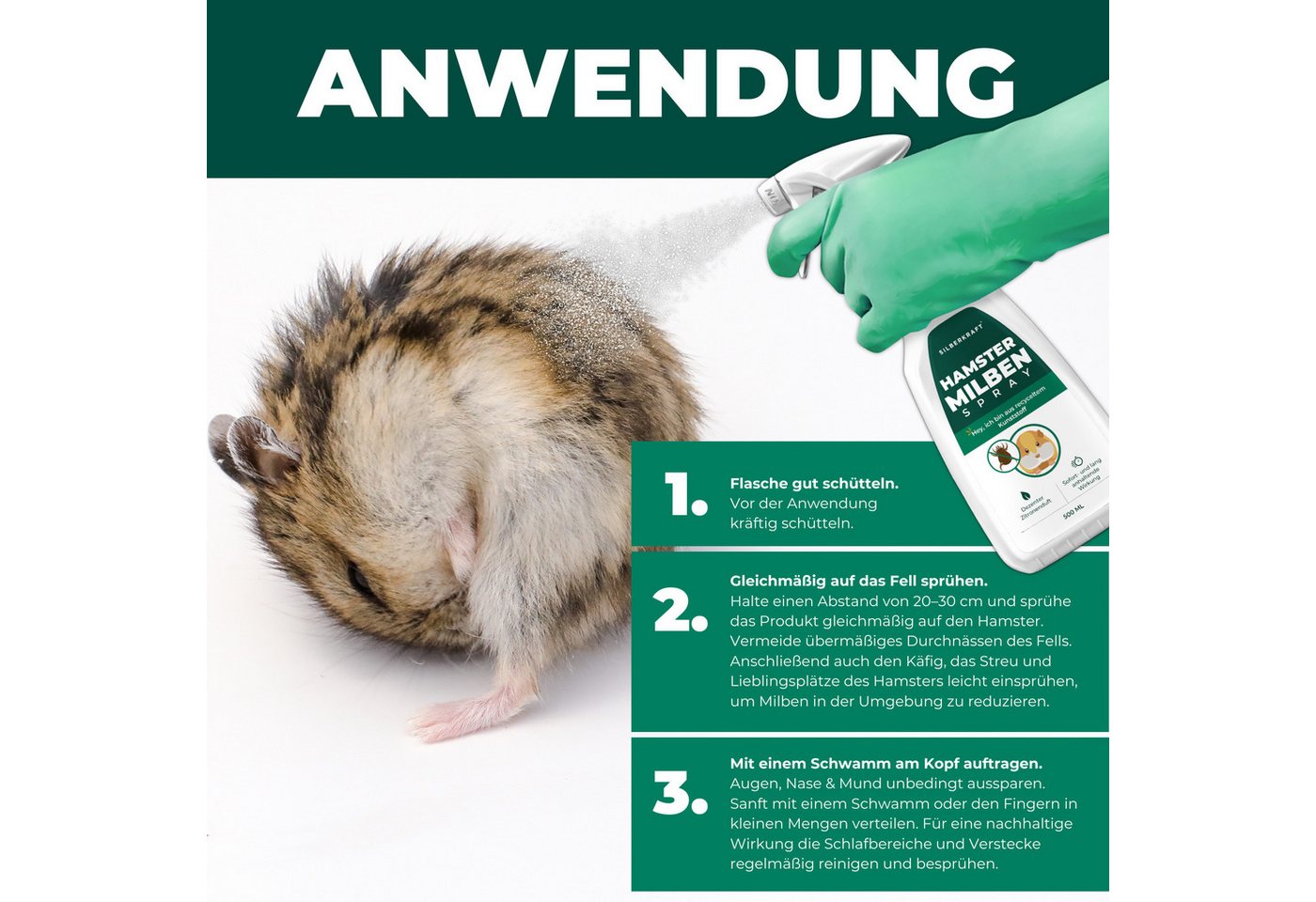 Silberkraft Insektenspray Milbenspray Hamster, Milbenmittel für Hamster, Meerschweinchen & Nager, 500 ml, Milbenmittel für Nager – Langzeitschutz für Hamster & Gehege, 1-St., Silberkraft Milbenspray – Sofortschutz für Nager, Made in Germany, hochwirksame Milbenabwehr für Fell & Käfig, Sofort- & Langzeitschutz Bild 2