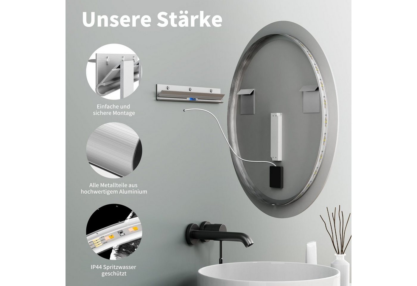 HOKO Badspiegel rund mit LED Beleuchtung und Memory Funktion (60 cm Wandspiegel mit stufenlosem Farbwechsel, über Touch-Schalter und Wandschalter steuerbar), ideal für Badezimmer oder Schminktisch, IP44, Cottbus