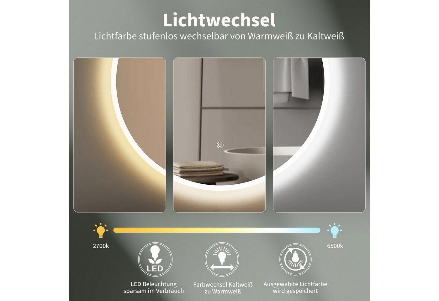 HOKO Badspiegel rund mit LED Beleuchtung und Memory Funktion (60 cm Wandspiegel mit stufenlosem Farbwechsel, über Touch-Schalter und Wandschalter steuerbar), ideal für Badezimmer oder Schminktisch, IP44, Cottbus Bild 2