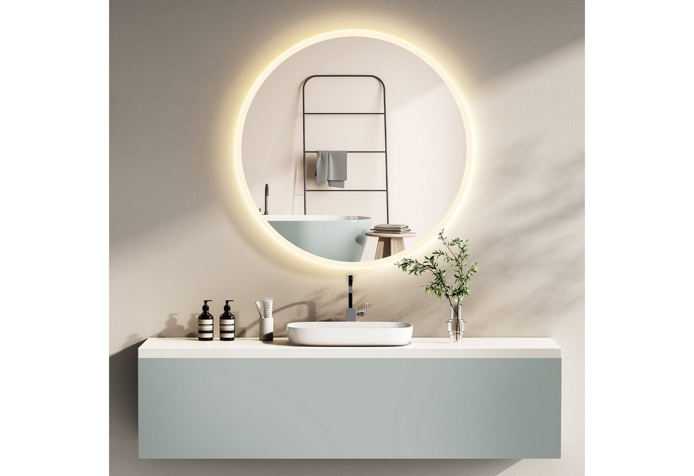 HOKO Badspiegel rund mit LED Beleuchtung und Memory Funktion (60 cm Wandspiegel mit stufenlosem Farbwechsel, über Touch-Schalter und Wandschalter steuerbar), ideal für Badezimmer oder Schminktisch, IP44, Cottbus Bild 4