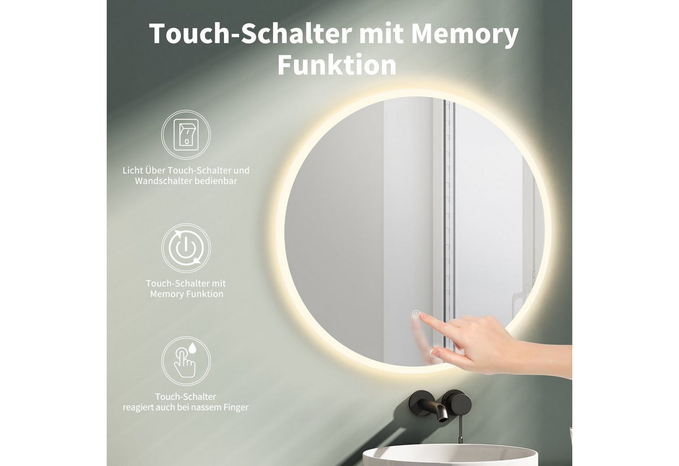 HOKO Badspiegel rund mit LED Beleuchtung und Memory Funktion (60 cm Wandspiegel mit stufenlosem Farbwechsel, über Touch-Schalter und Wandschalter steuerbar), ideal für Badezimmer oder Schminktisch, IP44, Cottbus Bild 5