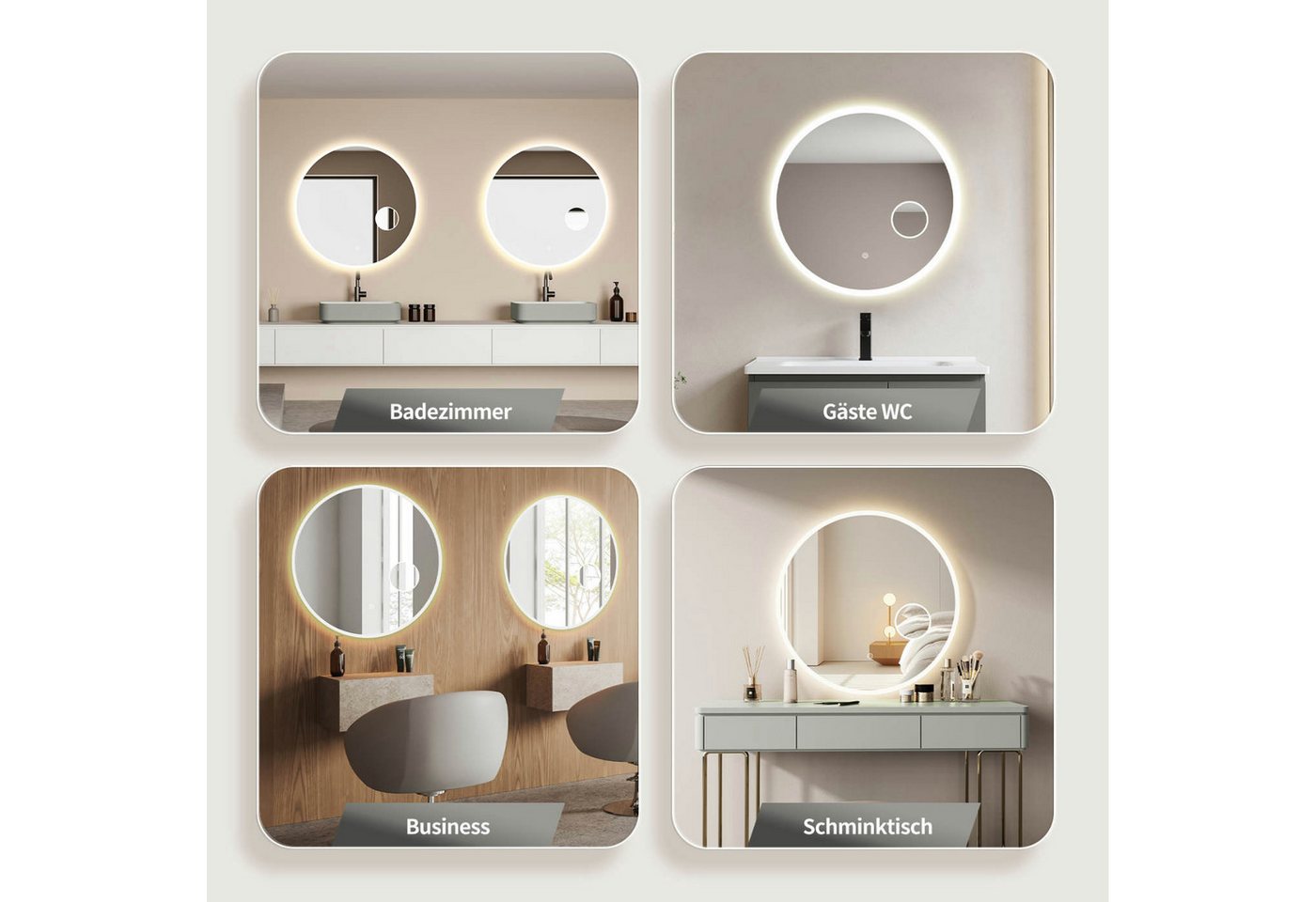 HOKO Badspiegel rund mit LED Beleuchtung und Memory Funktion (80 cm Badspiegel, mit 3-fach Kosmetikspiegel, Touch-Schalter und Farbwechsel 2700–6500 K), IP44, für Bad, Gäste-WC, Schminktisch, Ankleide, Hotel-Zimmer, Hamburg