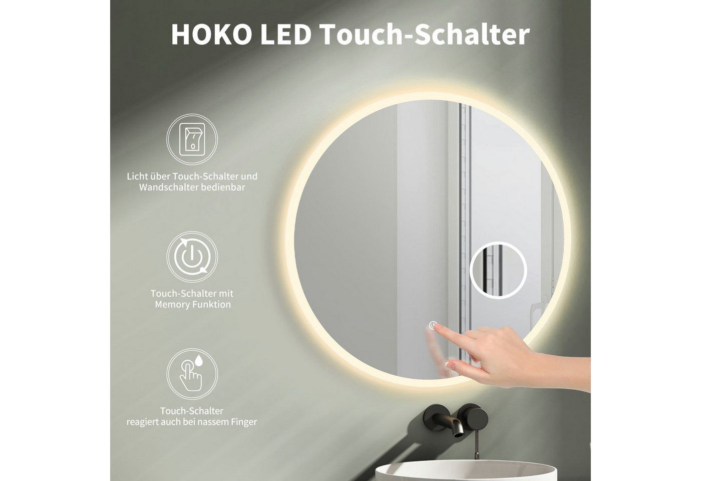 HOKO Badspiegel rund mit LED Beleuchtung und Memory Funktion (80 cm Badspiegel, mit 3-fach Kosmetikspiegel, Touch-Schalter und Farbwechsel 2700–6500 K), IP44, für Bad, Gäste-WC, Schminktisch, Ankleide, Hotel-Zimmer, Hamburg Bild 2