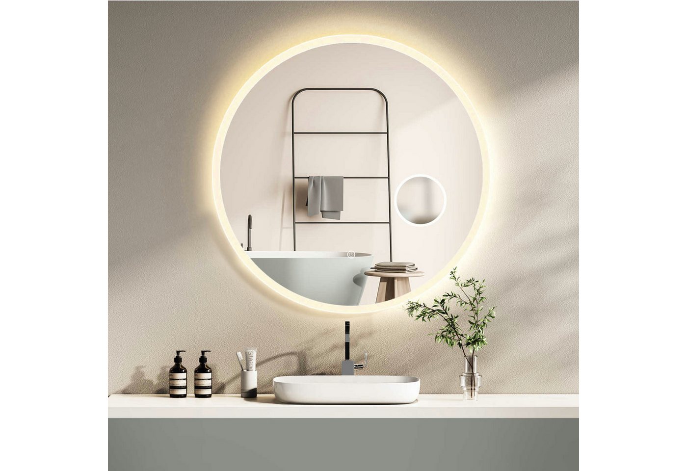 HOKO Badspiegel rund mit LED Beleuchtung und Memory Funktion (80 cm Badspiegel, mit 3-fach Kosmetikspiegel, Touch-Schalter und Farbwechsel 2700–6500 K), IP44, für Bad, Gäste-WC, Schminktisch, Ankleide, Hotel-Zimmer, Hamburg Bild 3
