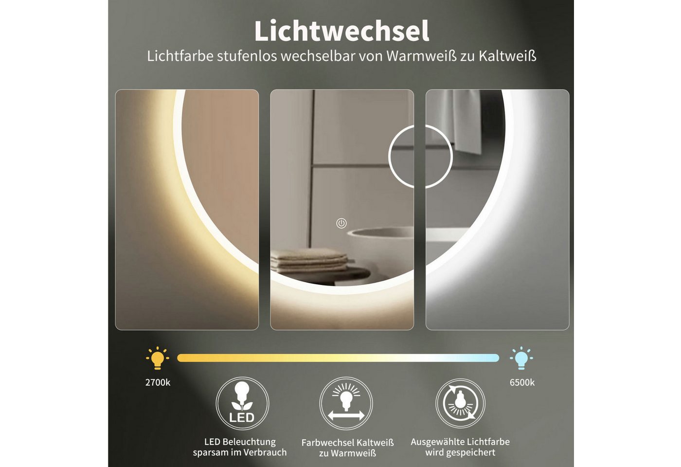 HOKO Badspiegel rund mit LED Beleuchtung und Memory Funktion (80 cm Badspiegel, mit 3-fach Kosmetikspiegel, Touch-Schalter und Farbwechsel 2700–6500 K), IP44, für Bad, Gäste-WC, Schminktisch, Ankleide, Hotel-Zimmer, Hamburg Bild 4