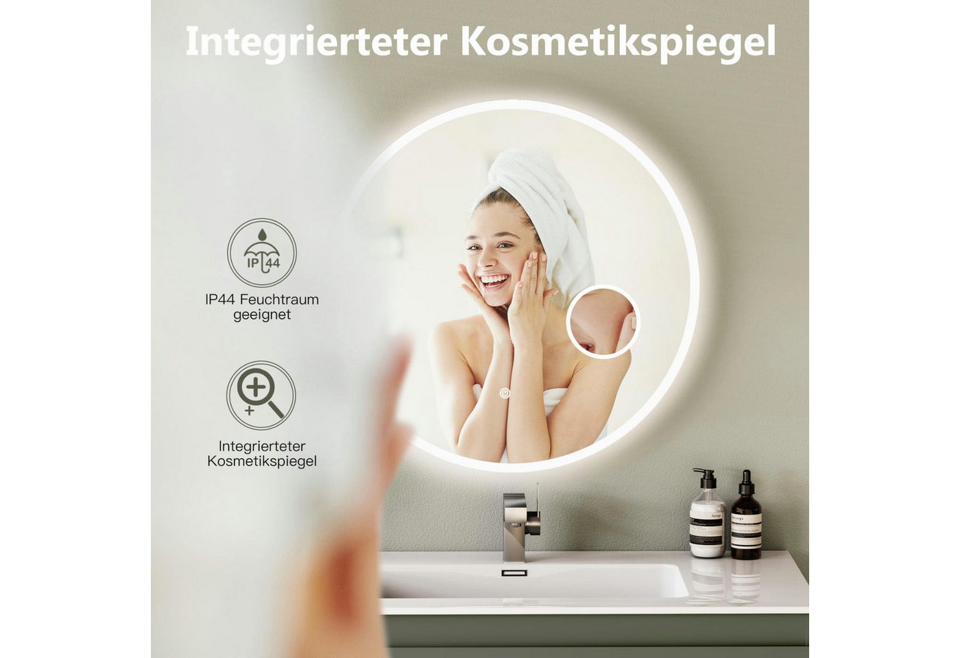 HOKO Badspiegel rund mit LED Beleuchtung und Memory Funktion (80 cm Badspiegel, mit 3-fach Kosmetikspiegel, Touch-Schalter und Farbwechsel 2700–6500 K), IP44, für Bad, Gäste-WC, Schminktisch, Ankleide, Hotel-Zimmer, Hamburg Bild 5