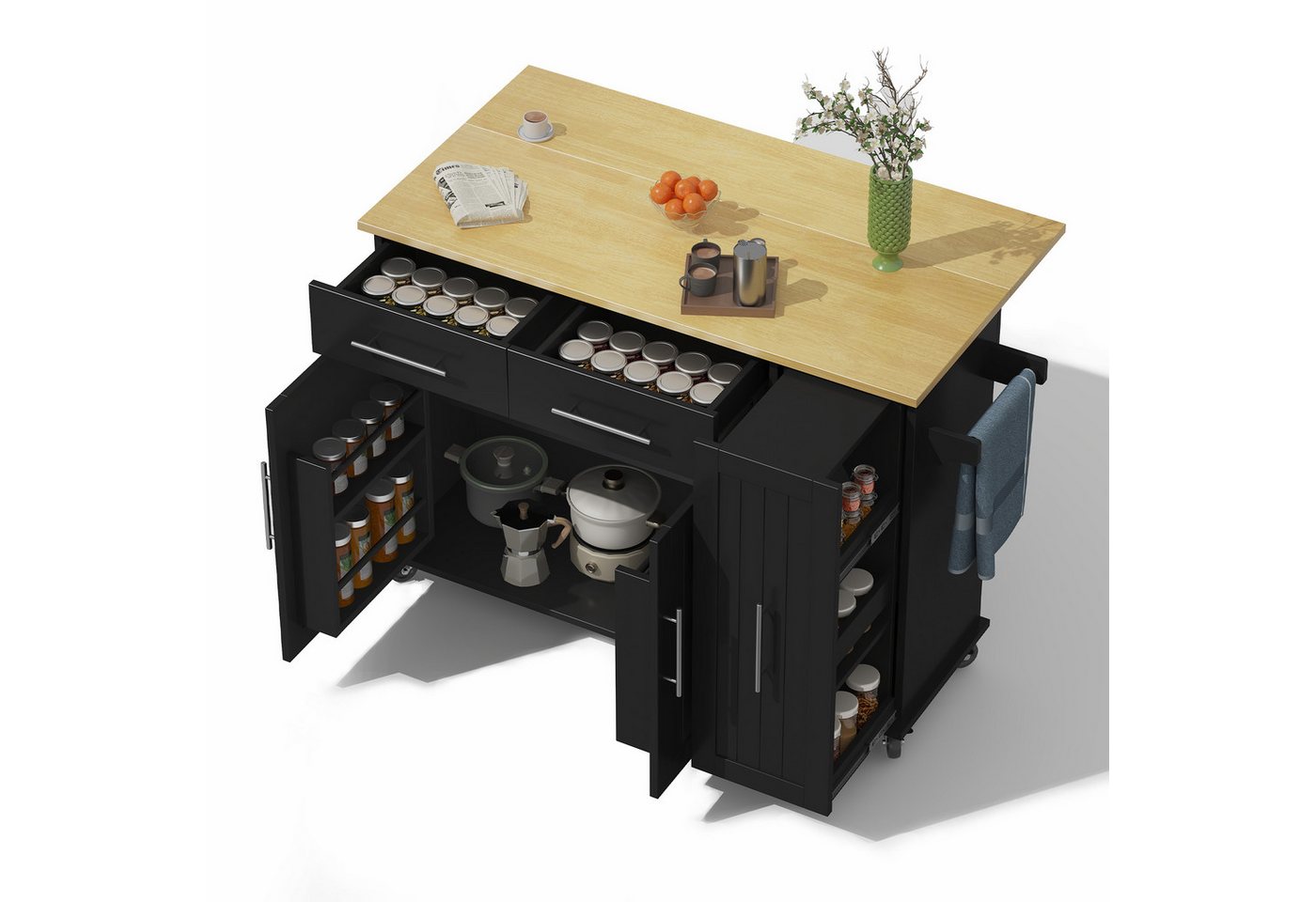 OKWISH Küchenwagen Multifunktionale Kücheninsel,Küchewagen, mit Schubladen, (Kücheninsel mit Drop Leaf, Storage Cart auf Rädern – Mobile Rollwagen mit 3-Tier Pull-Out Organizer, Handtuchhalter und 2 Schubladen., L 120x W 40(65)x H 90cm), mit 2 Schubladen