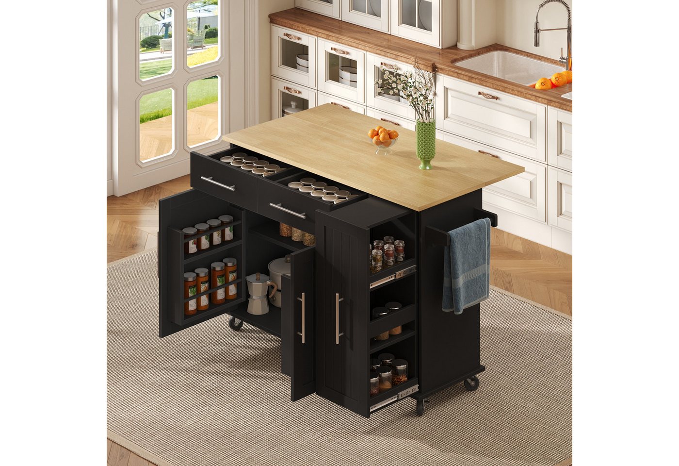 OKWISH Küchenwagen Multifunktionale Kücheninsel,Küchewagen, mit Schubladen, (Kücheninsel mit Drop Leaf, Storage Cart auf Rädern – Mobile Rollwagen mit 3-Tier Pull-Out Organizer, Handtuchhalter und 2 Schubladen., L 120x W 40(65)x H 90cm), mit 2 Schubladen Bild 4