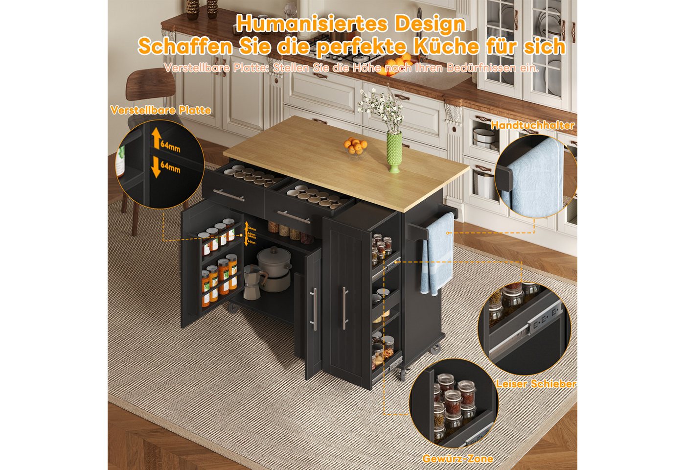 OKWISH Küchenwagen Multifunktionale Kücheninsel,Küchewagen, mit Schubladen, (Kücheninsel mit Drop Leaf, Storage Cart auf Rädern – Mobile Rollwagen mit 3-Tier Pull-Out Organizer, Handtuchhalter und 2 Schubladen., L 120x W 40(65)x H 90cm), mit 2 Schubladen Bild 5