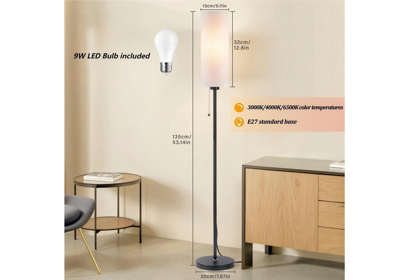 POPOLIC Stehlampe Stehleuchte aus Leinen, 3 Farbtemperaturen, 9-W-LED-Lampe inklusive, Standard-Eckleuchte mit Kettenschalter und Lampenschirm für Wohnzimmer