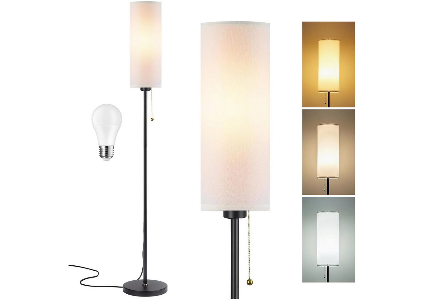 POPOLIC Stehlampe Stehleuchte aus Leinen, 3 Farbtemperaturen, 9-W-LED-Lampe inklusive, Standard-Eckleuchte mit Kettenschalter und Lampenschirm für Wohnzimmer Bild 2