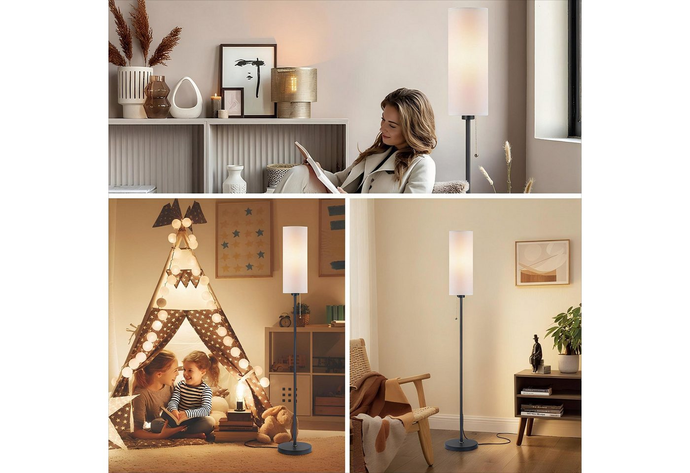 POPOLIC Stehlampe Stehleuchte aus Leinen, 3 Farbtemperaturen, 9-W-LED-Lampe inklusive, Standard-Eckleuchte mit Kettenschalter und Lampenschirm für Wohnzimmer Bild 3