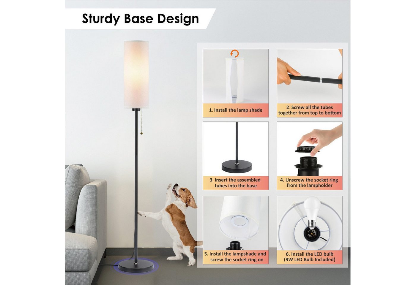 POPOLIC Stehlampe Stehleuchte aus Leinen, 3 Farbtemperaturen, 9-W-LED-Lampe inklusive, Standard-Eckleuchte mit Kettenschalter und Lampenschirm für Wohnzimmer Bild 5