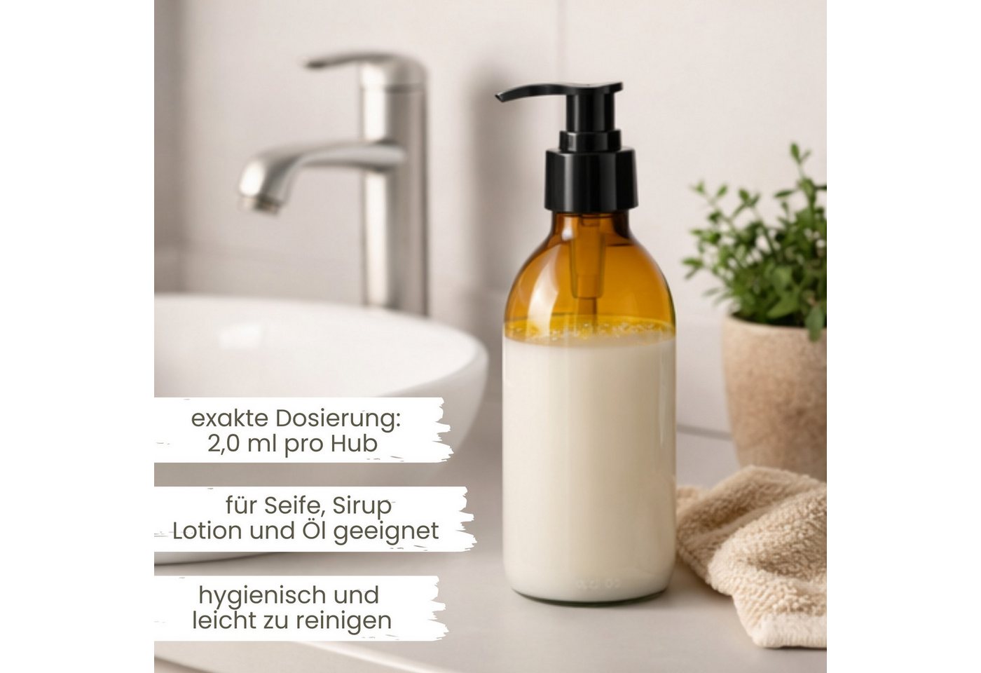 mikken Seifenspender 2x Lotionsspender 200 ml aus Braunglas - Pumpspender, (2er Set), Apothekerqualität, für Öl, Lotionen und Lösungen, mit UV-Schutz Bild 3