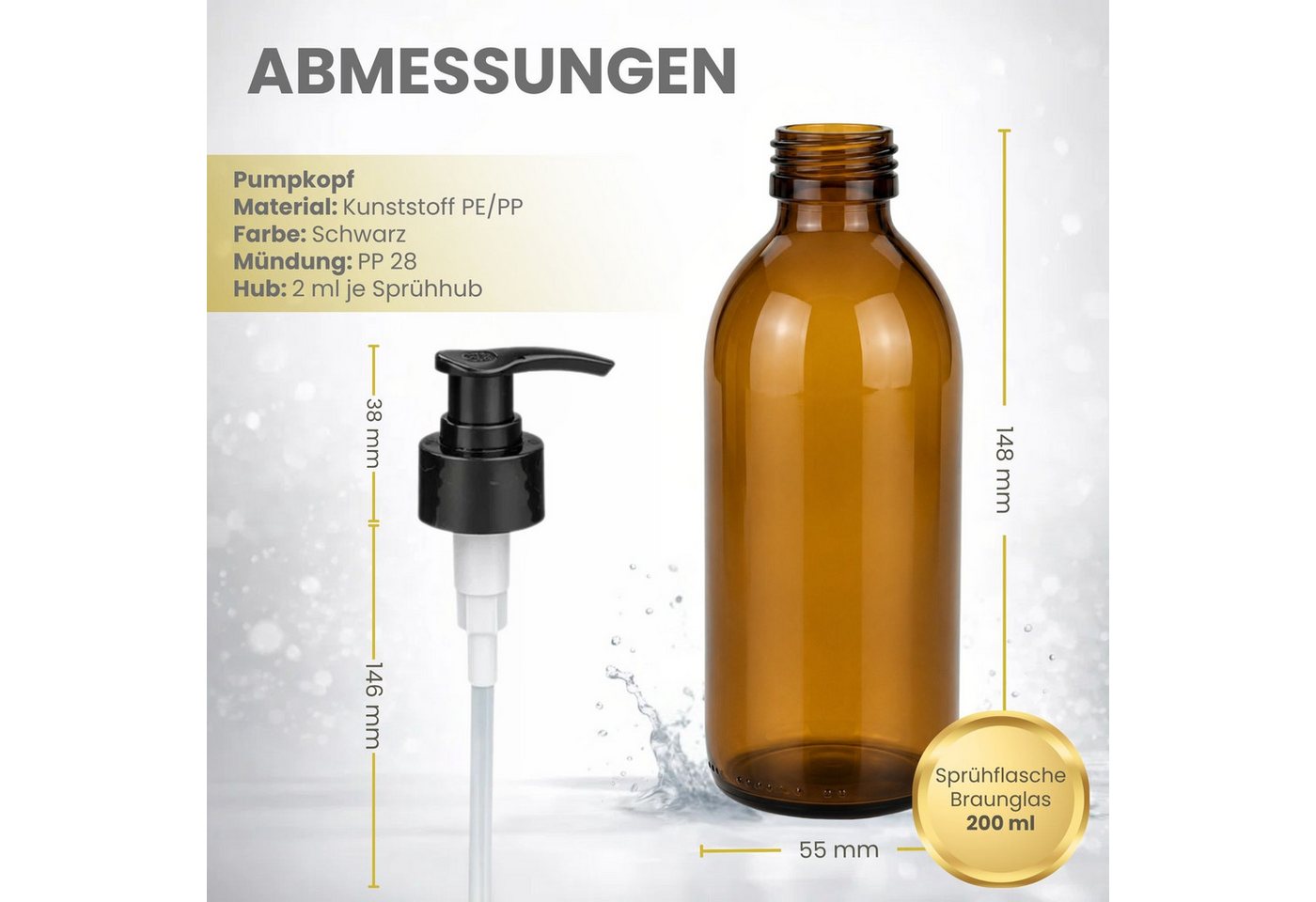 mikken Seifenspender 2x Lotionsspender 200 ml aus Braunglas - Pumpspender, (2er Set), Apothekerqualität, für Öl, Lotionen und Lösungen, mit UV-Schutz Bild 5