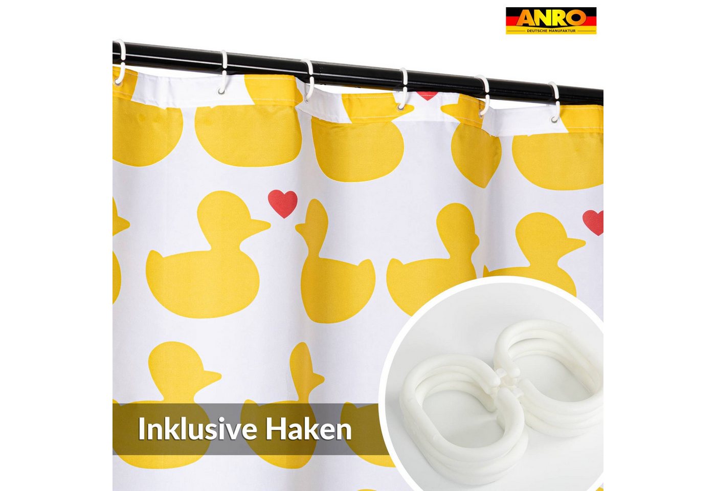 ANRO Duschvorhang FASTY Ente Anti-Schimmel Polyester Badezimmervorhang Bad-Stoff Breite 120 cm (Packung, 1-tlg., Duschvorhang inkl. Aufhängeringe), robuster Vorhang Stangenaufhängung 120x200cm Modern Gelb