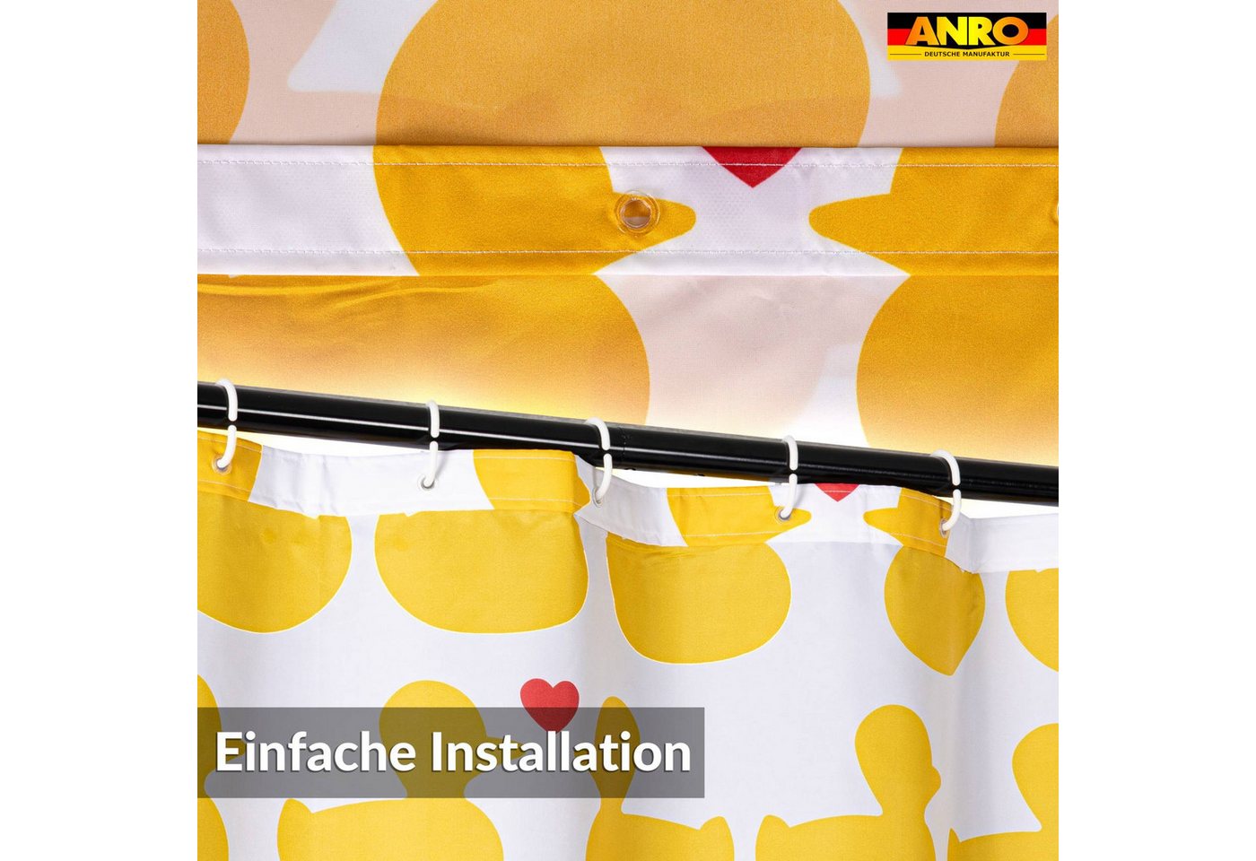 ANRO Duschvorhang FASTY Ente Anti-Schimmel Polyester Badezimmervorhang Bad-Stoff Breite 120 cm (Packung, 1-tlg., Duschvorhang inkl. Aufhängeringe), robuster Vorhang Stangenaufhängung 120x200cm Modern Gelb Bild 5
