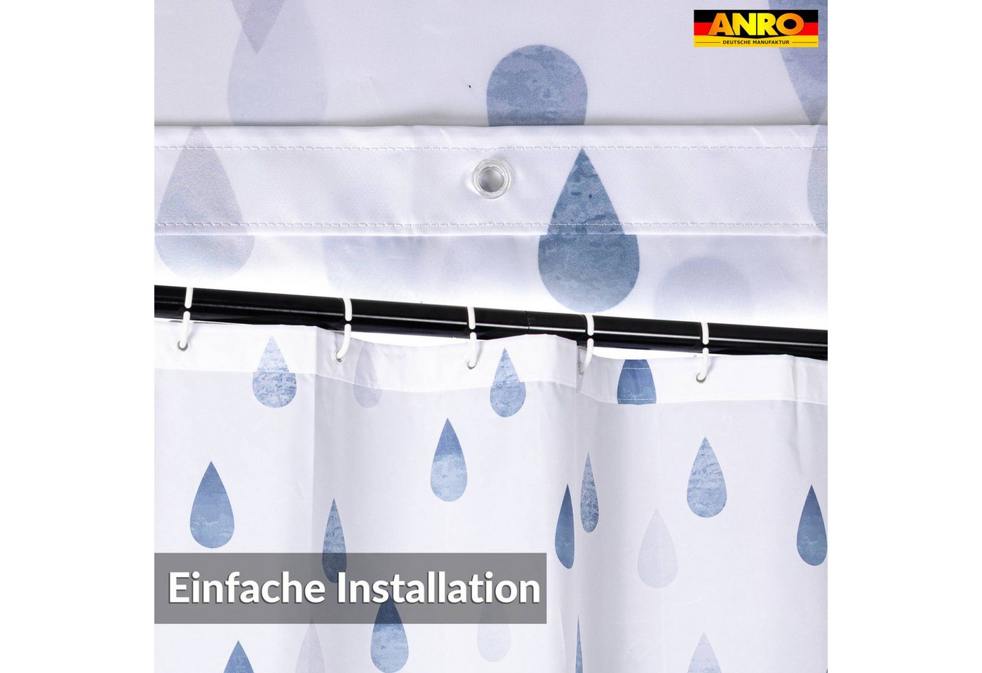 ANRO Duschvorhang FASTY Tropfen Anti-Schimmel Polyester Badezimmervorhang Bad-Stoff Breite 120 cm (Packung, 1-tlg., Duschvorhang inkl. Aufhängeringe), robuster Vorhang Stangenaufhängung 120x200cm Skandi Bad Blau