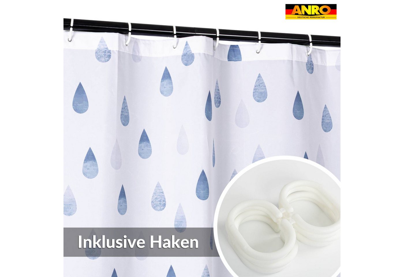 ANRO Duschvorhang FASTY Tropfen Anti-Schimmel Polyester Badezimmervorhang Bad-Stoff Breite 120 cm (Packung, 1-tlg., Duschvorhang inkl. Aufhängeringe), robuster Vorhang Stangenaufhängung 120x200cm Skandi Bad Blau Bild 3