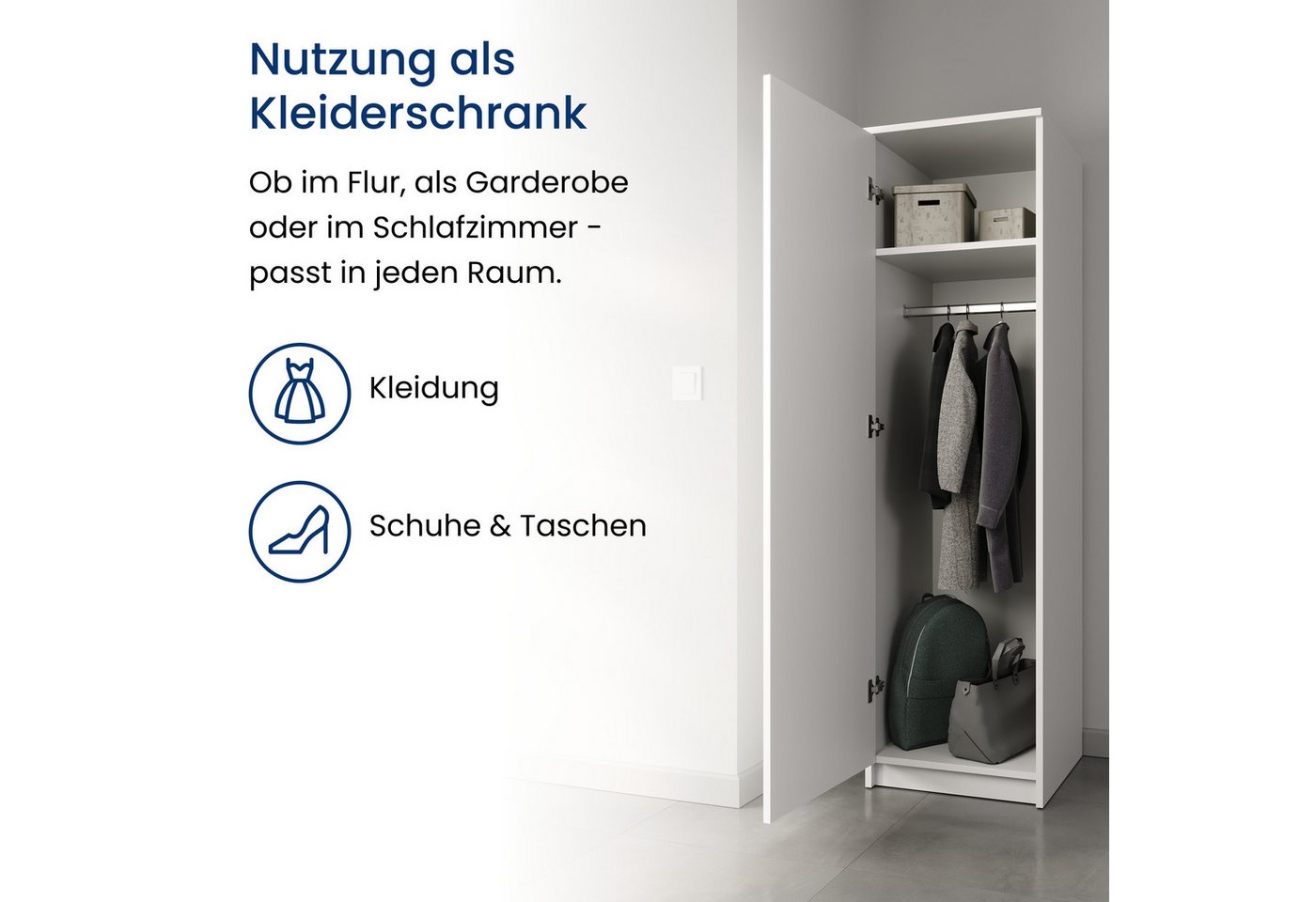 Home Collective Garderobenschrank Garderobe Mehrzweckschrank weiß 50cm Breite 180cm Höhe mit Kleiderstange und Extra-Fach, Kleiderschrank Organizer Bild 2