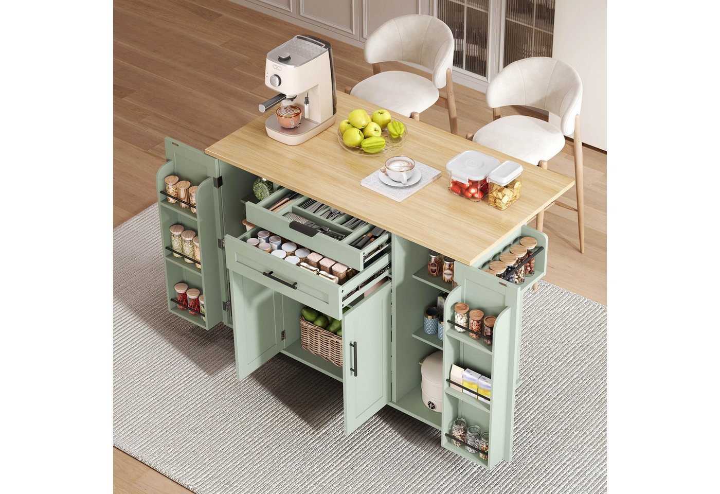 Flieks Küchenwagen mit erweiterbarer Arbeitsplatte, Rollen und verstellbare Einlegeböden, (1 St), Kücheninsel Servierwagen Buffetschrank mit Schubladen und Türablagen Bild 3