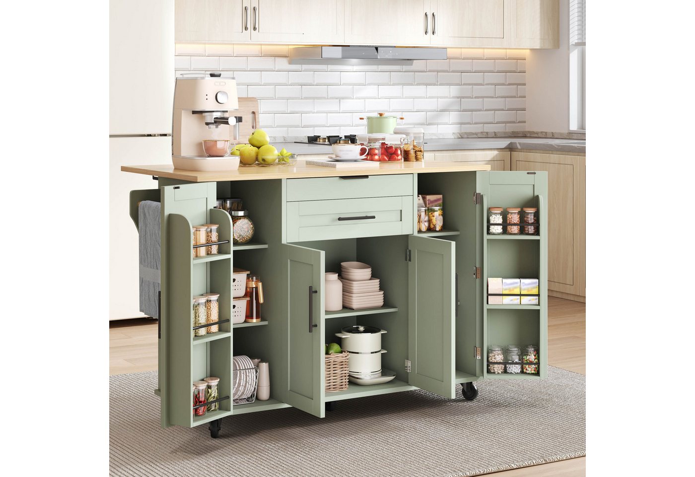Flieks Küchenwagen mit erweiterbarer Arbeitsplatte, Rollen und verstellbare Einlegeböden, (1 St), Kücheninsel Servierwagen Buffetschrank mit Schubladen und Türablagen Bild 4