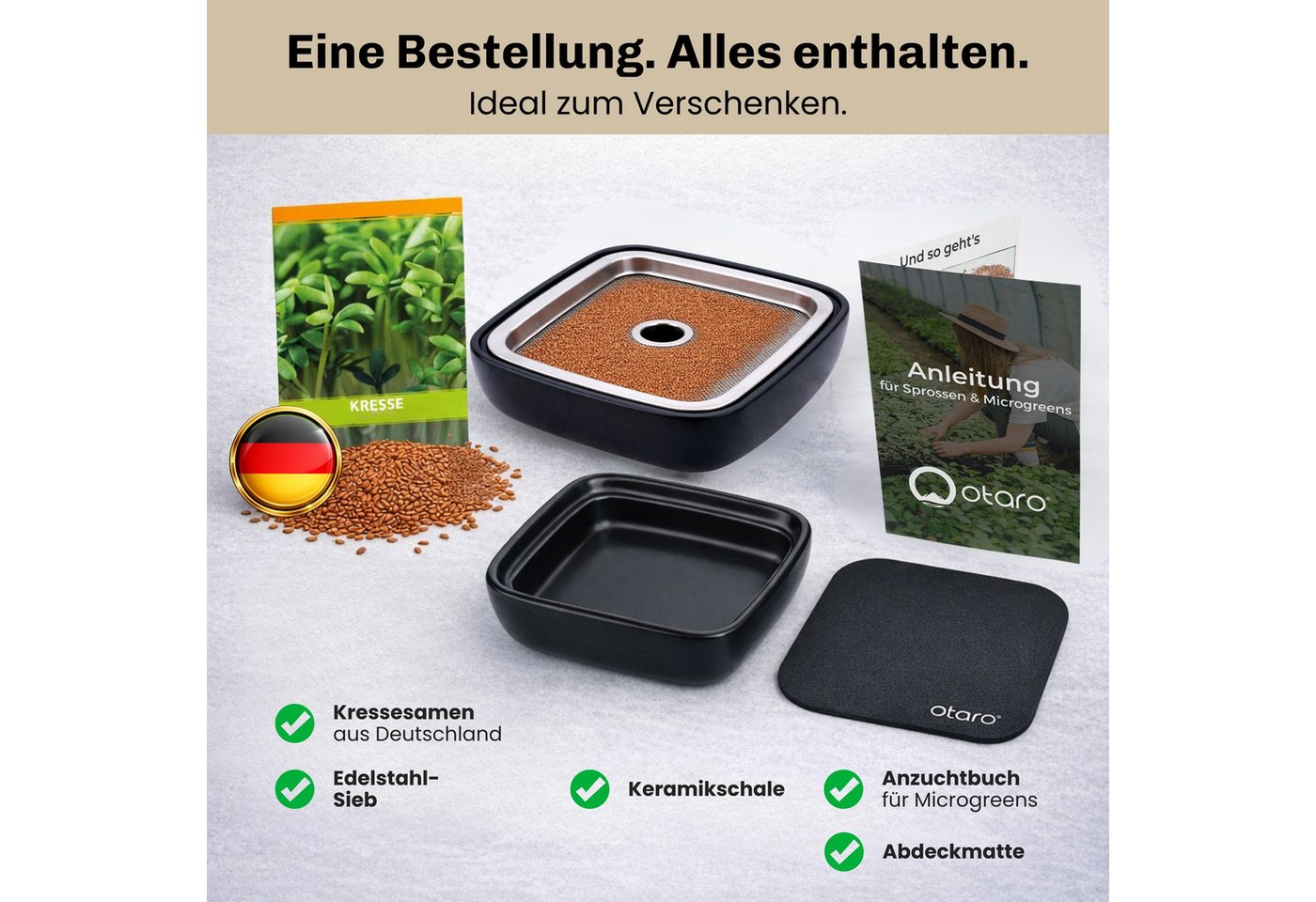 Otaro Pflanzschale Kressesieb Set mit Kressesamen, Edelstahl - Schwarz Bild 2