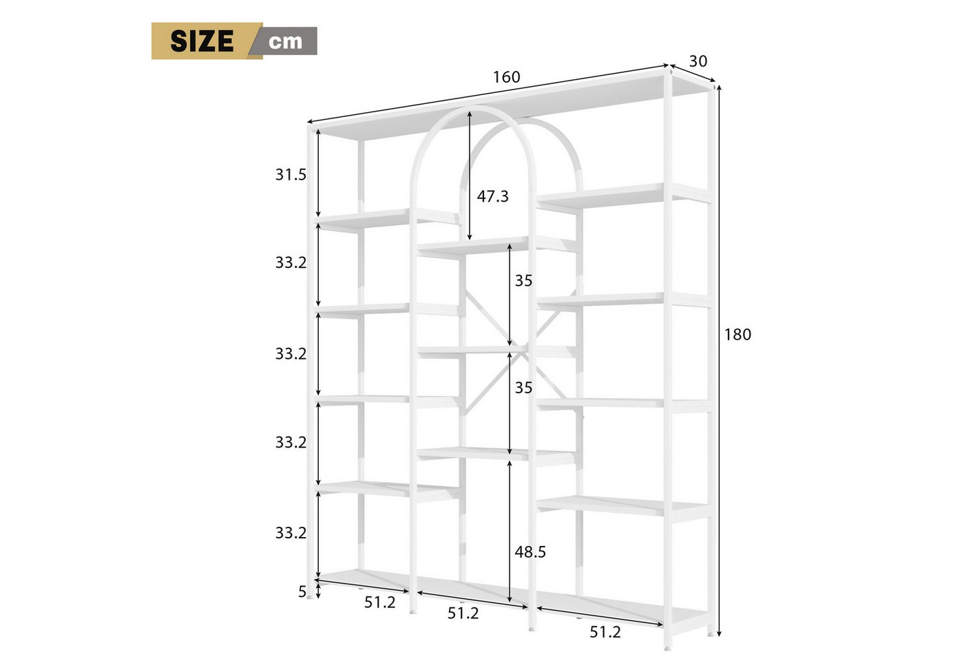 Merax Bücherregal Vitrine 180 cm, Modernes Standregal mit Bögen, 1-tlg., für Wohnzimmer Büro, Metall Regal