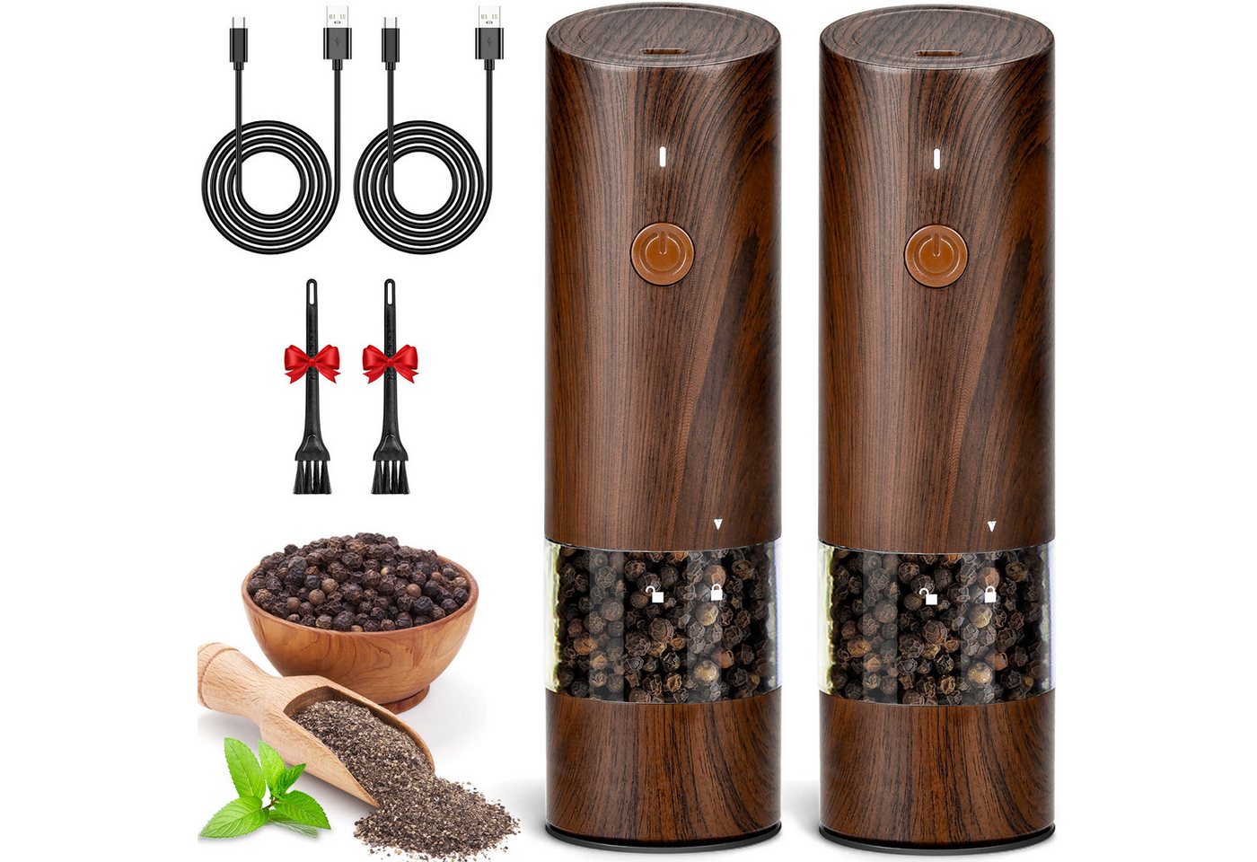 AIBISTAR Pfeffermühle Salz-/Pfeffermühle Elektrische Holz Salzmühle,2er Set mit USB elektrisch, (6 Stück), Mahlgrad einstellbar,Keramik Mahlwerk,Wiederaufladbar,Holzoptik Design Bild 3