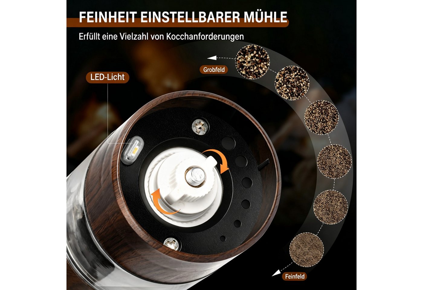 AIBISTAR Pfeffermühle Salz-/Pfeffermühle Elektrische Holz Salzmühle,2er Set mit USB elektrisch, (6 Stück), Mahlgrad einstellbar,Keramik Mahlwerk,Wiederaufladbar,Holzoptik Design Bild 4