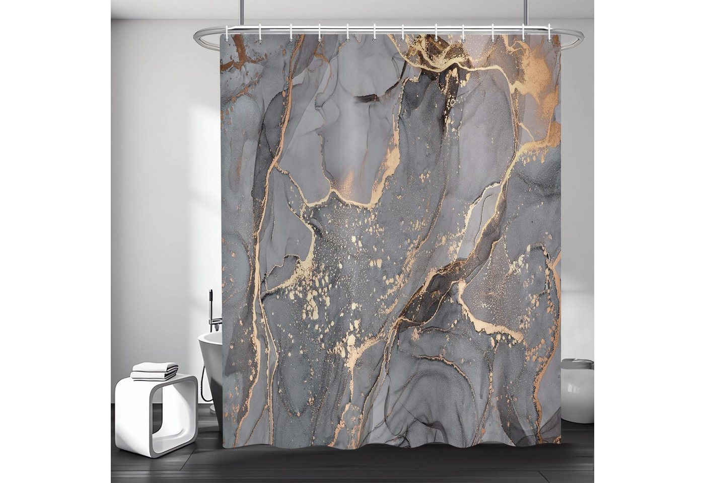 FOUORTUNATE-BEE Duschvorhang Grau Gold Marmor Optik Textur Duschvorhang 180x180cm Breite 180 cm (Modern Abstrakt Grau Gold Schwarz Marmor Optik Textur, Wasserdicht Waschbar Bad Duschvorhänge mit 12 Haken)