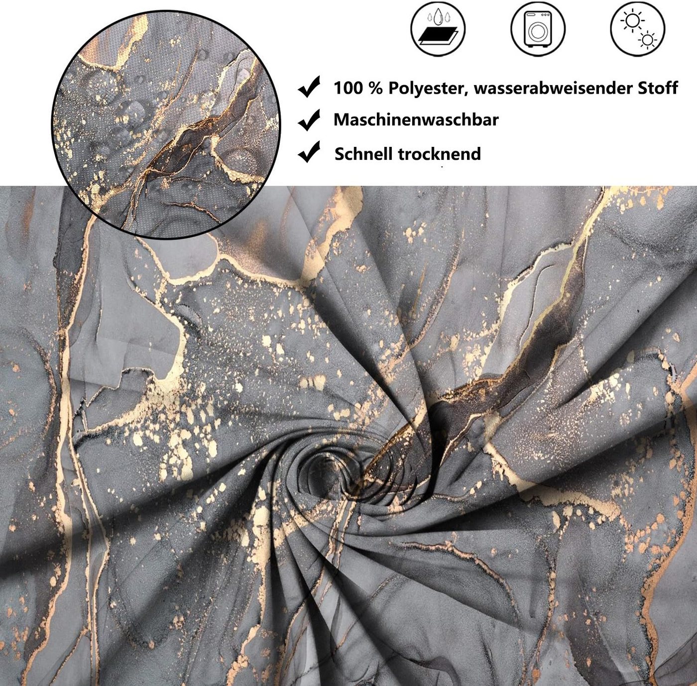 FOUORTUNATE-BEE Duschvorhang Grau Gold Marmor Optik Textur Duschvorhang 180x180cm Breite 180 cm (Modern Abstrakt Grau Gold Schwarz Marmor Optik Textur, Wasserdicht Waschbar Bad Duschvorhänge mit 12 Haken) Bild 2