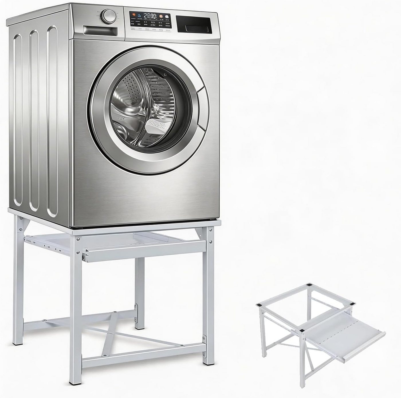 XIIW Waschmaschinenuntergestell Verstärkt Podest mit Ablage H52cm Waschmaschinen Untergestell Unterbau, Zubehör für Stabil Stahl Trocknersockel bis 150KG 60x56x52cm, mit Rutschfester Füße Trockner Sockel Erhöhung