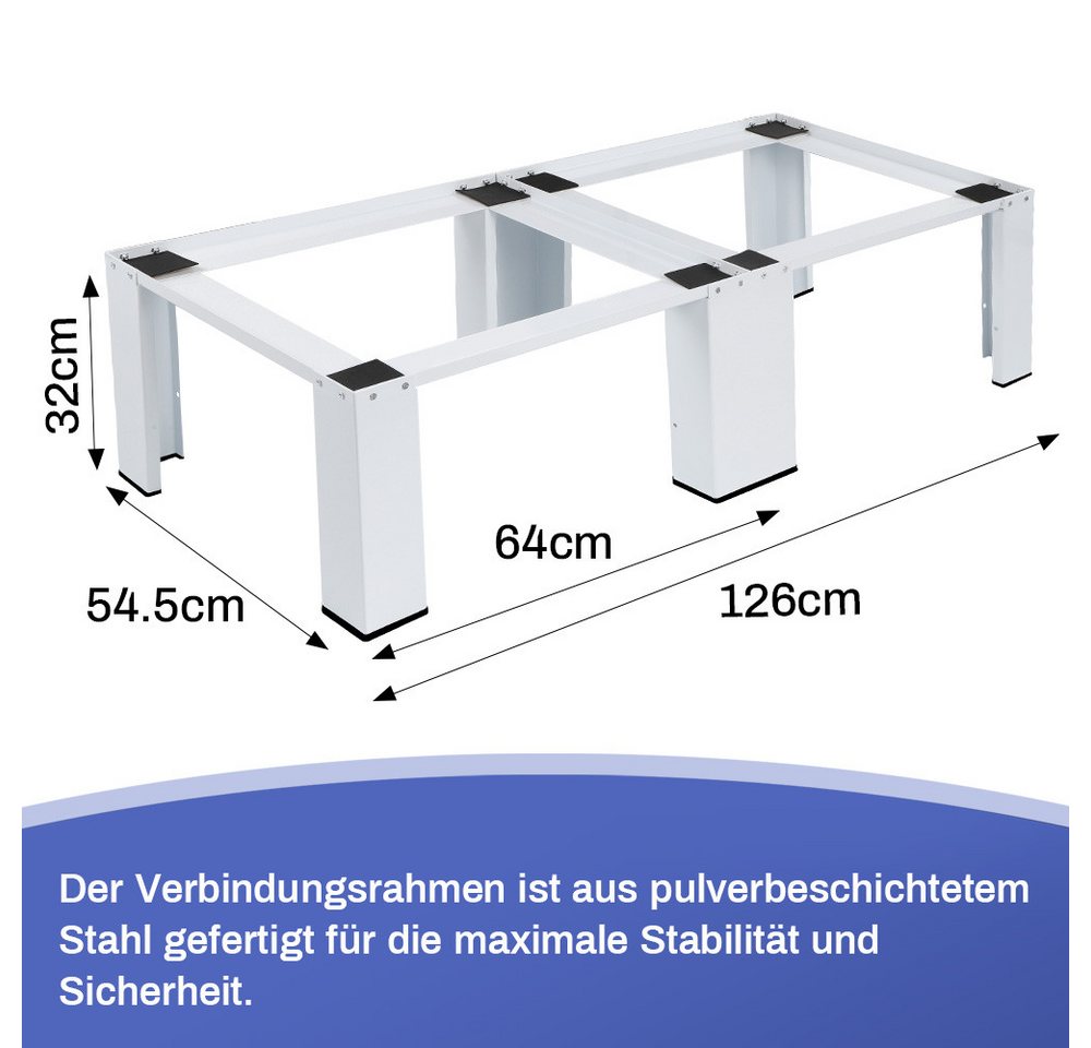 XIIW Waschmaschinenunterschrank Verstärkt Doppel Podest H32cm Waschmaschinen Untergestell Sockel (Stabil Stahl Unter Schrank bis 300KG 126x54x32cm) mit Rutschfester Füße Trocknersockel Erhöhung Bild 5