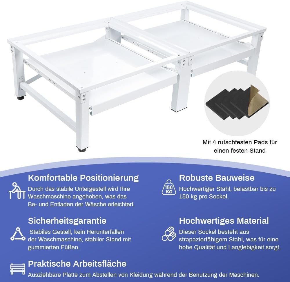 XIIW Waschmaschinenunterschrank Verstärkt Doppel Podest mit Ablage H32cm Waschmaschinen Untergestell (Stabil Stahl Trocknersockel bis 300KG 124x58x32cm) mit Rutschfester Füße Trockner Sockel Erhöhung Bild 2
