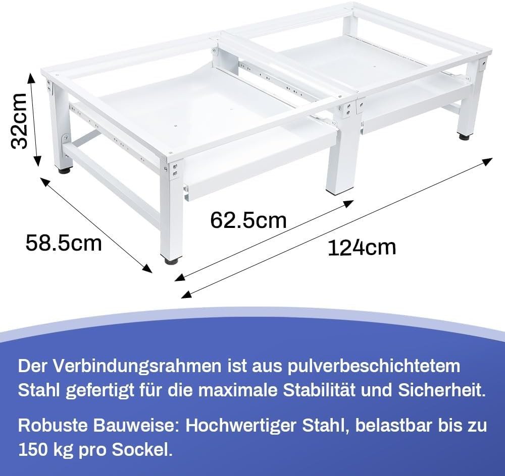 XIIW Waschmaschinenunterschrank Verstärkt Doppel Podest mit Ablage H32cm Waschmaschinen Untergestell (Stabil Stahl Trocknersockel bis 300KG 124x58x32cm) mit Rutschfester Füße Trockner Sockel Erhöhung Bild 3