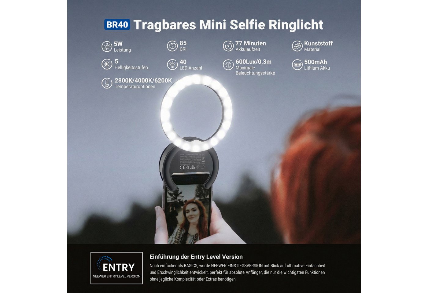 Neewer Videoleuchte BR40 4" Selfie Ring Light Handy kompatibel mit iPhone, 5W zweifarbiges wiederaufladbares Clip Handy Licht