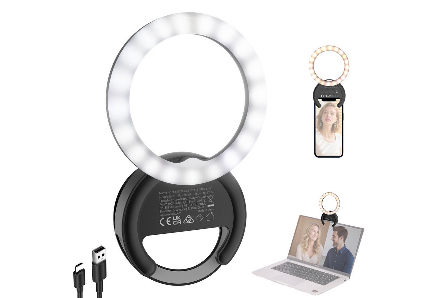 Neewer Videoleuchte BR40 4" Selfie Ring Light Handy kompatibel mit iPhone, 5W zweifarbiges wiederaufladbares Clip Handy Licht Bild 2