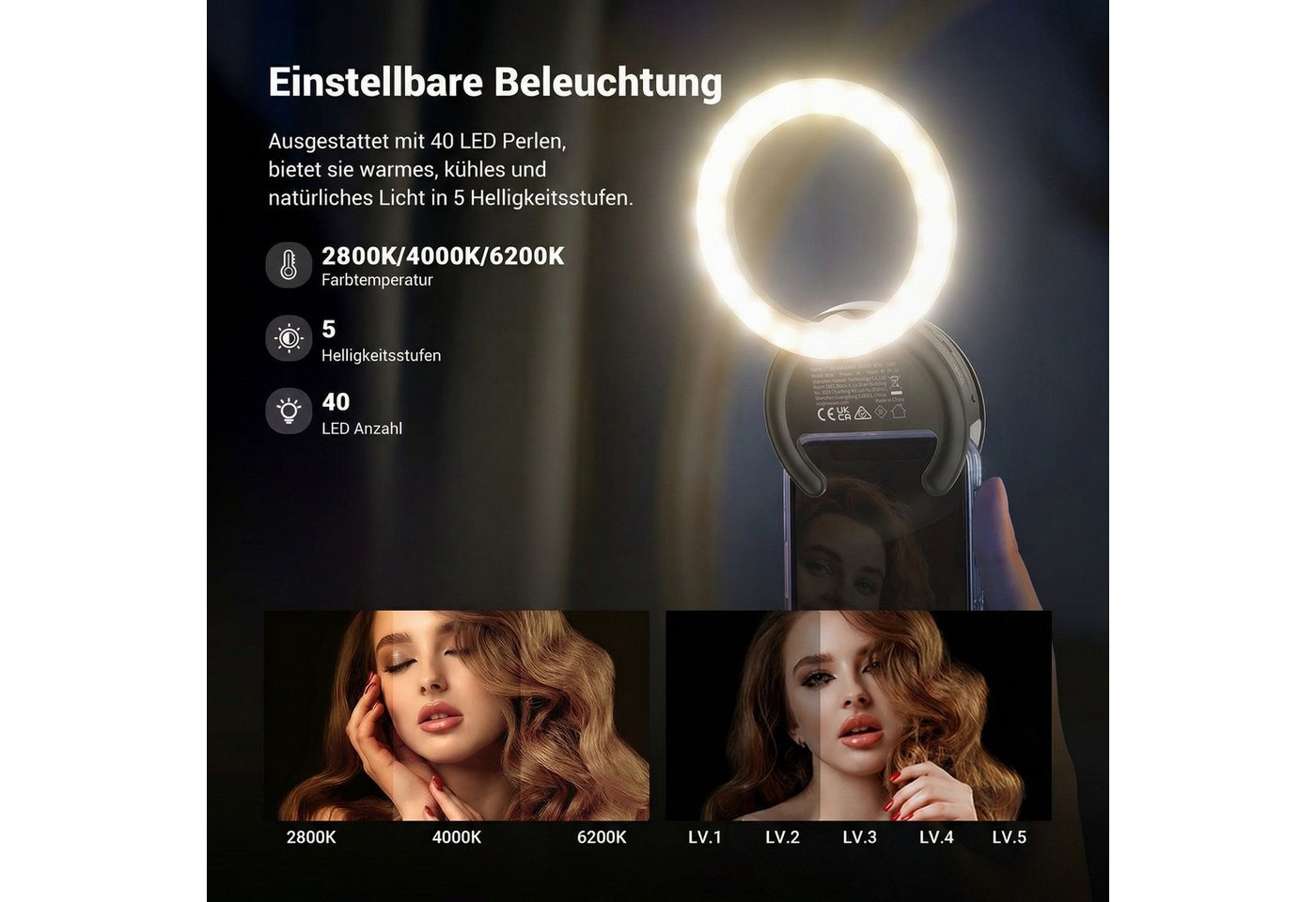 Neewer Videoleuchte BR40 4" Selfie Ring Light Handy kompatibel mit iPhone, 5W zweifarbiges wiederaufladbares Clip Handy Licht Bild 3