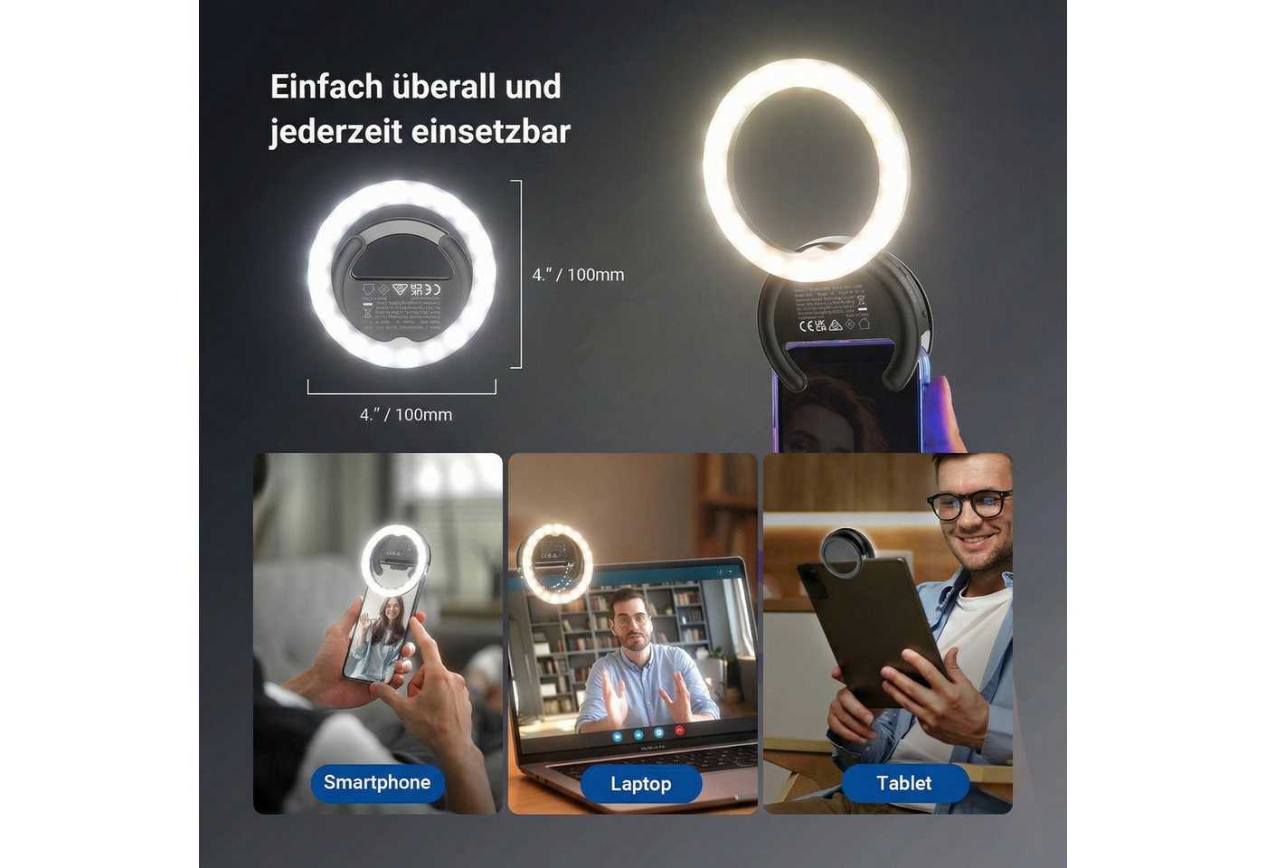 Neewer Videoleuchte BR40 4" Selfie Ring Light Handy kompatibel mit iPhone, 5W zweifarbiges wiederaufladbares Clip Handy Licht Bild 4