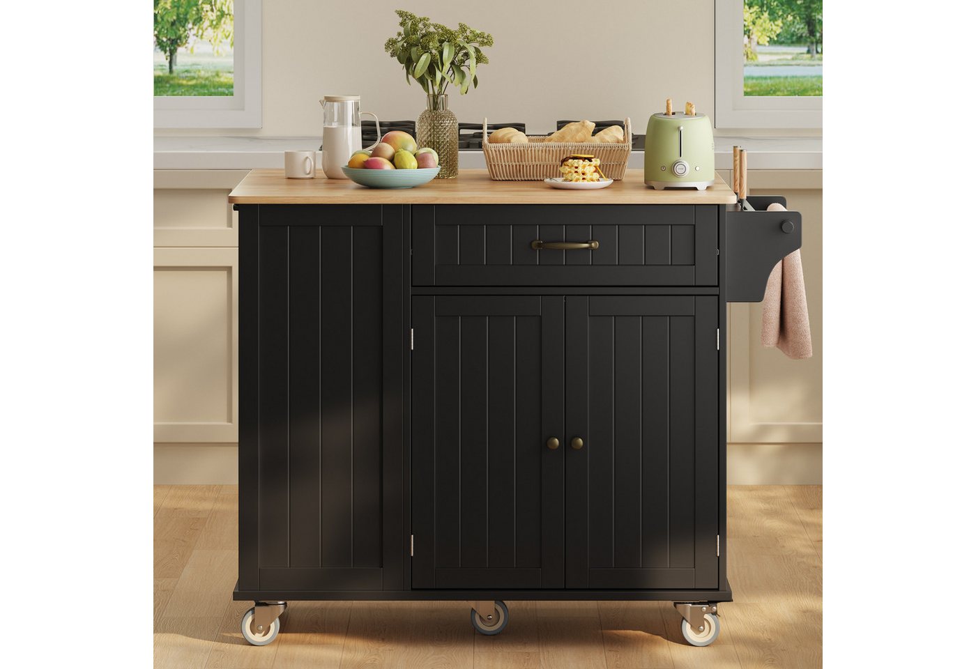 Blishom Küchenwagen Fahrbare Kücheninsel mit Mülleimerfach, 113x51x91 cm, Mobile Küchenwagen mit klappbarer Arbeitsplatte und Schubladen