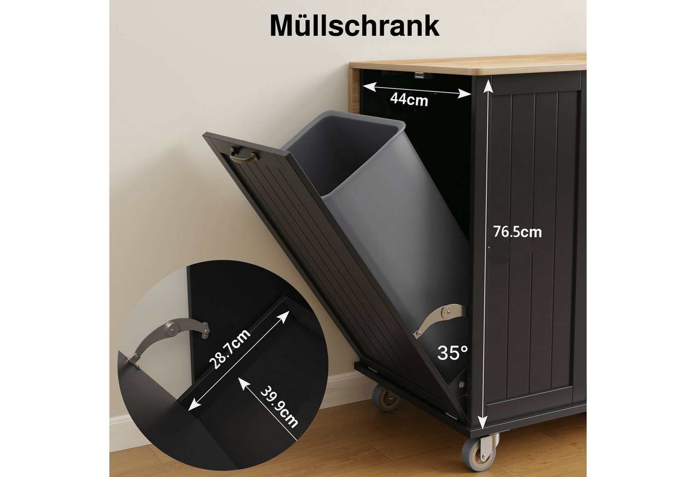 Blishom Küchenwagen Fahrbare Kücheninsel mit Mülleimerfach, 113x51x91 cm, Mobile Küchenwagen mit klappbarer Arbeitsplatte und Schubladen Bild 2