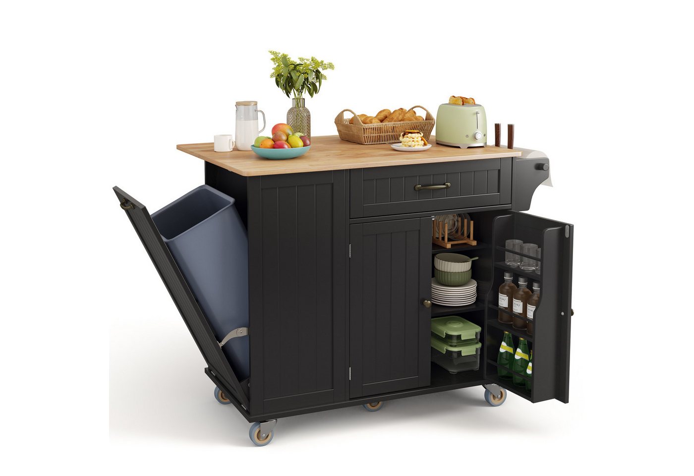 Blishom Küchenwagen Fahrbare Kücheninsel mit Mülleimerfach, 113x51x91 cm, Mobile Küchenwagen mit klappbarer Arbeitsplatte und Schubladen Bild 3