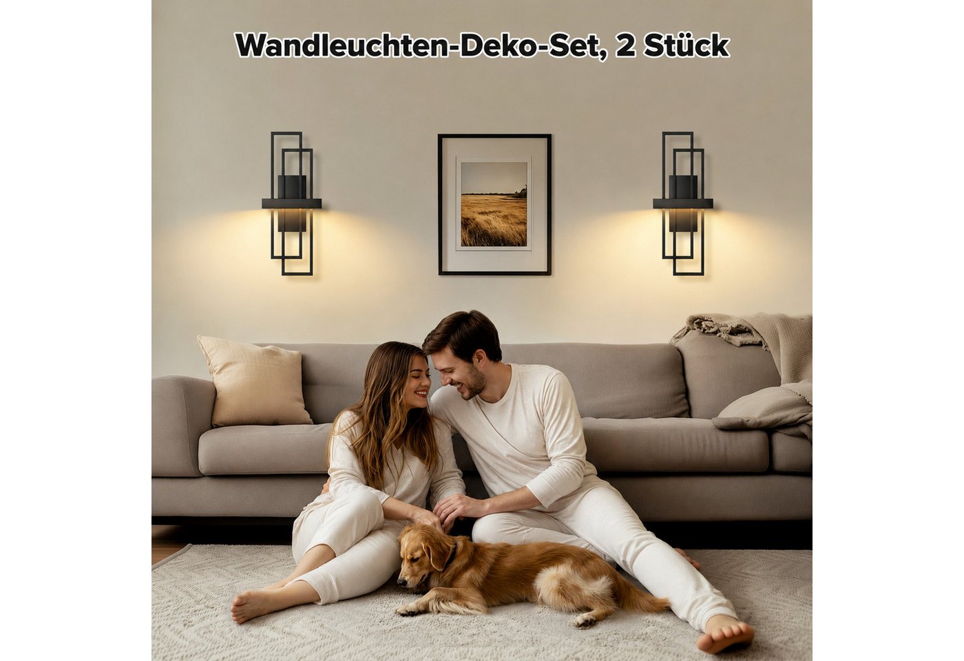 LOHAS-LED Wandleuchte Aufladbare geometrische Metall-Wandleuchten 2er-Set matt schwarz, LED fest integriert, Warmweiß, 8000mAh Akku mit Touch & RF-Fernbedienung, stufenlos dimmbar